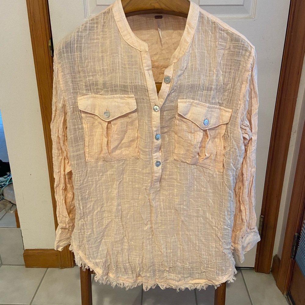Free People Talk to Me Henley Button Shirt Raw Hem-Medium